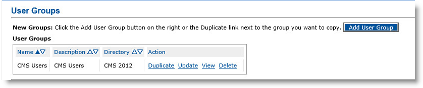 User Groups section of Configuration tab with an Add User Group button and a table displaying existing user groups